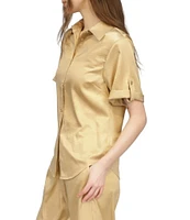 Michael Kors Satin Collared Neckline Short Sleeve Coordinating Button Front Shirt