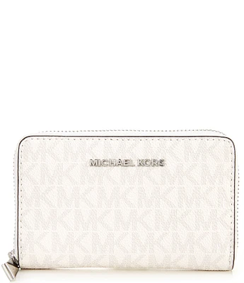 Michael Kors Signature Logo Jet Set Small Silver Tone Zip Around Card Case