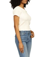 Michael Kors Smocked Crew Neckline Cap Sleeve Cropped Tee Shirt