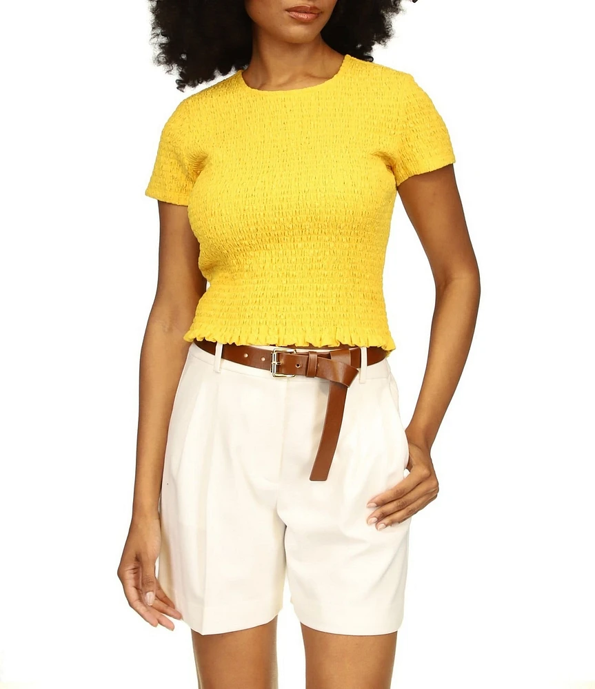 Michael Kors Smocked Crew Neckline Cap Sleeve Cropped Tee Shirt