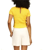 Michael Kors Smocked Crew Neckline Cap Sleeve Cropped Tee Shirt