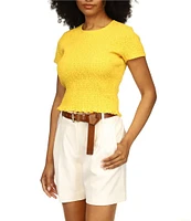 Michael Kors Smocked Crew Neckline Cap Sleeve Cropped Tee Shirt