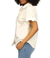 Michael Kors Stretch Cotton Poplin Collared Neckline Short Sleeve Top