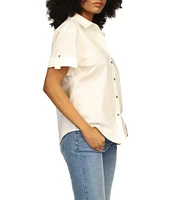 Michael Kors Stretch Cotton Poplin Collared Neckline Short Sleeve Top