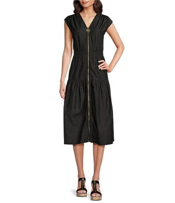 Michael Kors V Neckline Sleeveless Zip Front Midi Dress