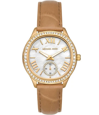 Michael Kors Women's Sage Three-Hand Crystal Peanut Croco Embossed Leather Strap Watch