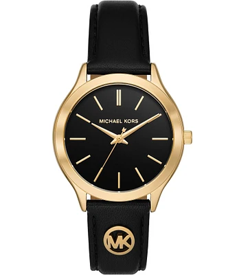 Michael Kors Women's Slim Runway Three-Hand Black Leather Watch