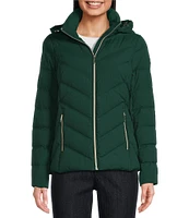 MICHAEL Michael Kors Chevron Pattern Stand Collar Removable Hooded Zip Front Packable Puffer Jacket