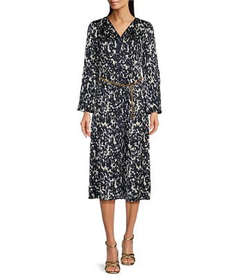 MICHAEL Michael Kors Crinkled Satin Bell Sleeve Tie Neck Chain Belted Midi Dress