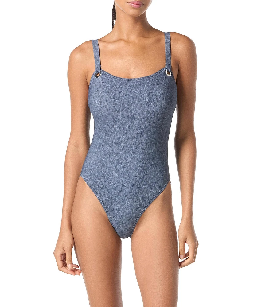 MICHAEL Michael Kors Denim Scoop Neck Grommet Detail One Piece Swimsuit