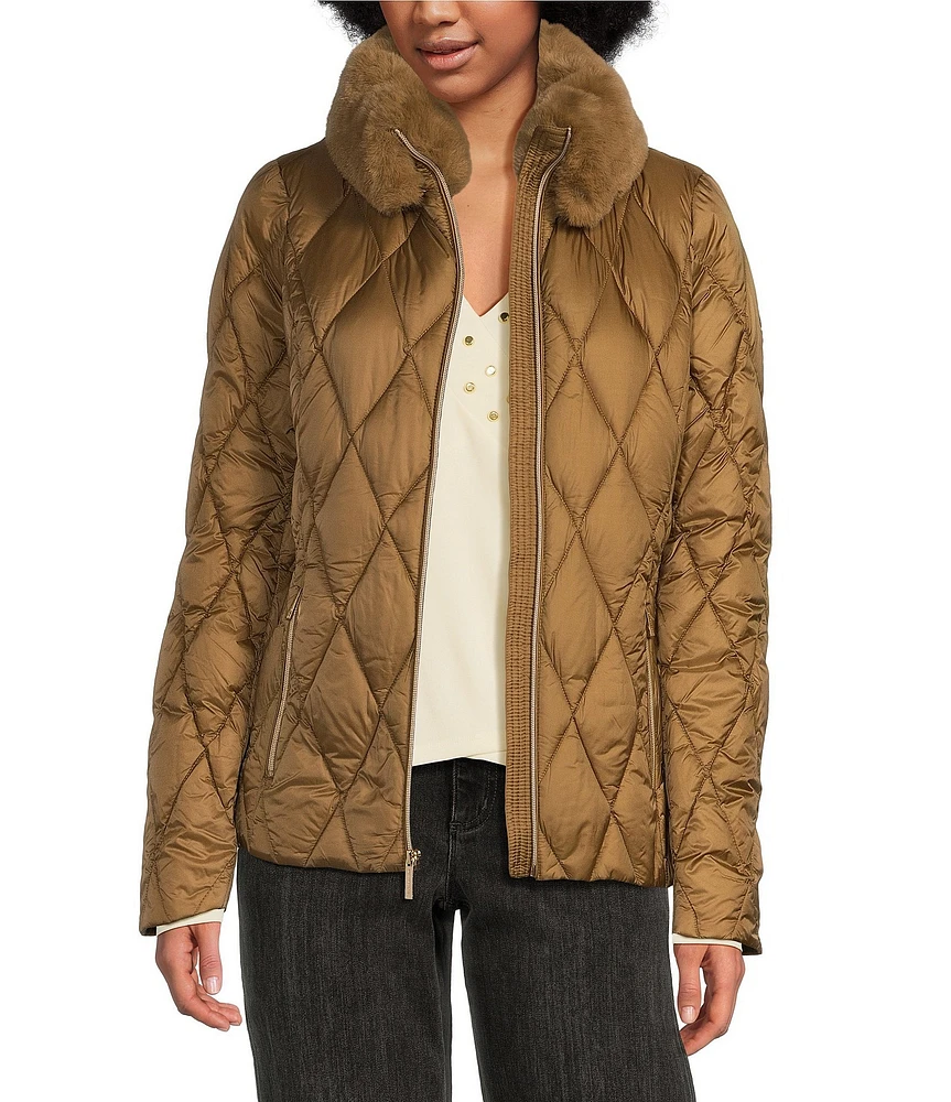 MICHAEL Michael Kors Diamond Quilt Pattern Faux Fur Stand Collar Front Zip Jacket