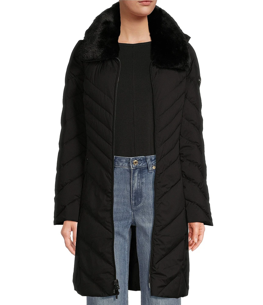 MICHAEL Michael Kors Faux Fur Notch Lapel Long Sleeve Chevron Pattern Walker Puffer Coat