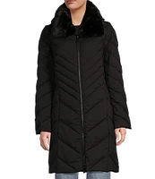 MICHAEL Michael Kors Faux Fur Notch Lapel Long Sleeve Chevron Pattern Walker Puffer Coat