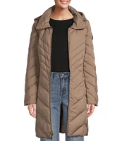 MICHAEL Michael Kors Faux Fur Notch Lapel Long Sleeve Chevron Pattern Walker Puffer Coat