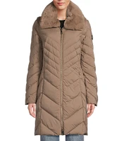 MICHAEL Michael Kors Faux Fur Notch Lapel Long Sleeve Chevron Pattern Walker Puffer Coat