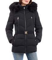 MICHAEL Michael Kors Faux Fur Stand Collar Hooded Belted Puffer Jacket