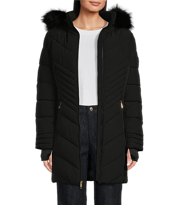 MICHAEL Michael Kors Faux Fur Trim Hood Stand Collar Quilted Zip Front Puffer Coat