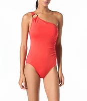 MICHAEL Michael Kors Logo Ring Underwire Tummy Control One Shoulder One Piece Swimsuit