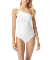 MICHAEL Michael Kors Logo Ring Underwire Tummy Control One Shoulder One Piece Swimsuit
