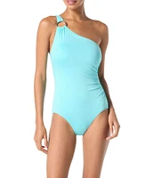 MICHAEL Michael Kors Logo Ring Underwire Tummy Control One Shoulder One Piece Swimsuit