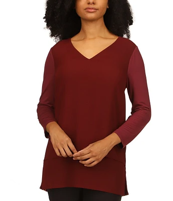 MICHAEL Michael Kors Mixed Woven Knit Layered Hem V-Neck 3/4 Sleeve Shirt