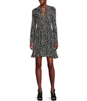 MICHAEL Michael Kors Modern Ocelot Print V-Neck Long Sleeve Mini Dress