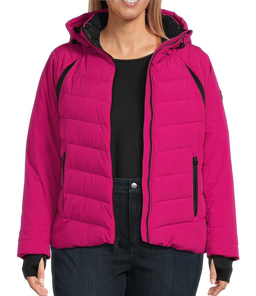 MICHAEL Michael Kors Plus Size Stand Collar Hooded Raglan Sleeve Quilt Pattern Puffer Coat