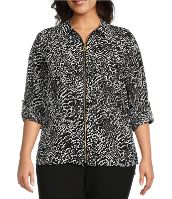 MICHAEL Michael Kors Plus Size Woven Modern Ocelot Dogtag Print Collared Long Sleeve Top