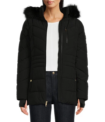 MICHAEL Michael Kors Removable Faux Fur Hooded Stand Collar Chevron Pattern Front Zip Puffer Coat