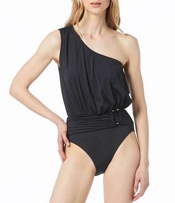 MICHAEL Michael Kors Solid One Shoulder Drape Front Belted One Piece Swimsuit