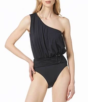 MICHAEL Michael Kors Solid One Shoulder Drape Front Belted One Piece Swimsuit