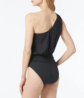 MICHAEL Michael Kors Solid One Shoulder Drape Front Belted One Piece Swimsuit