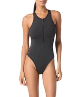 MICHAEL Michael Kors Solid Scuba High Neck Zip Front Laser Cut-Out One Piece Swimsuit