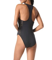 MICHAEL Michael Kors Solid Scuba High Neck Zip Front Laser Cut-Out One Piece Swimsuit