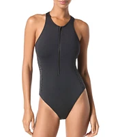 MICHAEL Michael Kors Solid Scuba High Neck Zip Front Laser Cut-Out One Piece Swimsuit