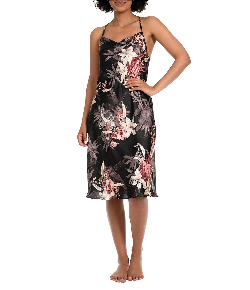 Midnight Bakery Floral Shimmer Satin Cowl Neck Midi Chemise