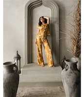 Midnight Bakery Jungle Print Short Sleeve Notch Collar Woven Pajama Set