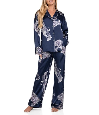 Midnight Bakery Long Sleeve Notch Collar Satin Cheetah Print Pajama Set