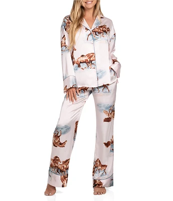 Midnight Bakery Long Sleeve Notch Collar Satin Western Horse Print Pajama Set