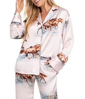 Midnight Bakery Long Sleeve Notch Collar Satin Western Horse Print Pajama Set