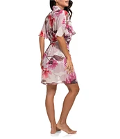 Midnight Bakery Rose Print 3/4 Sleeve Shawl Collar Satin Short Robe