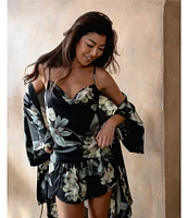 Midnight Bakery Satin 3/4 Sleeve Tropical Floral Coordinating Short Robe