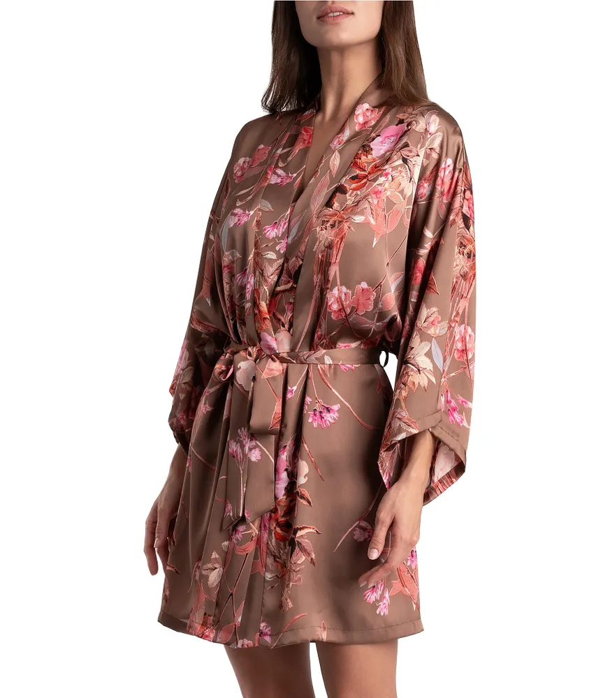 Midnight Bakery Satin Floral Shawl Collar 3/4 Sleeve Belt Tie Waist Coordinating Wrap Robe