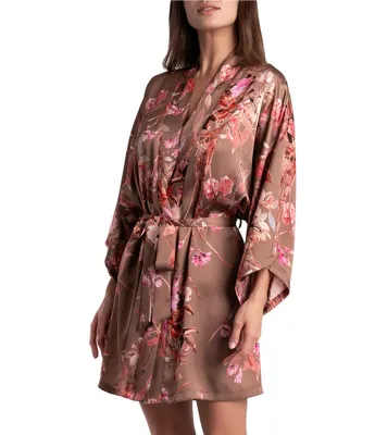 Midnight Bakery Satin Floral Shawl Collar 3/4 Sleeve Belt Tie Waist Coordinating Wrap Robe