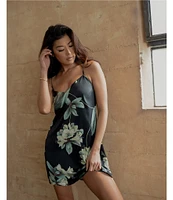 Midnight Bakery Satin Tropical Floral Sleeveless V-Neck Coordinating Chemise