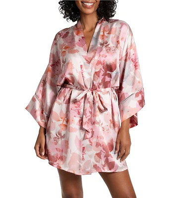 Midnight Bakery Satin Watercolor Leaf Floral Print 3/4 Sleeve Short Robe