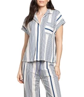 Midnight Bakery Stripe Print Short Sleeve Notch Collar Woven Pajama Set