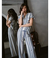 Midnight Bakery Stripe Print Short Sleeve Notch Collar Woven Pajama Set