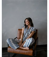 Midnight Bakery Stripe Print Short Sleeve Notch Collar Woven Pajama Set