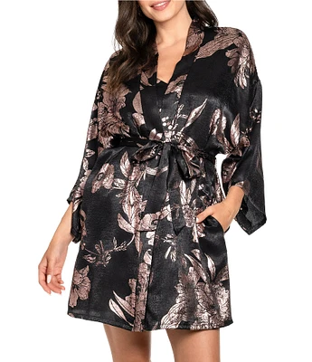 Midnight Bakery Textured Satin 3/4 Sleeve Metallic Floral Coordinating Short Robe